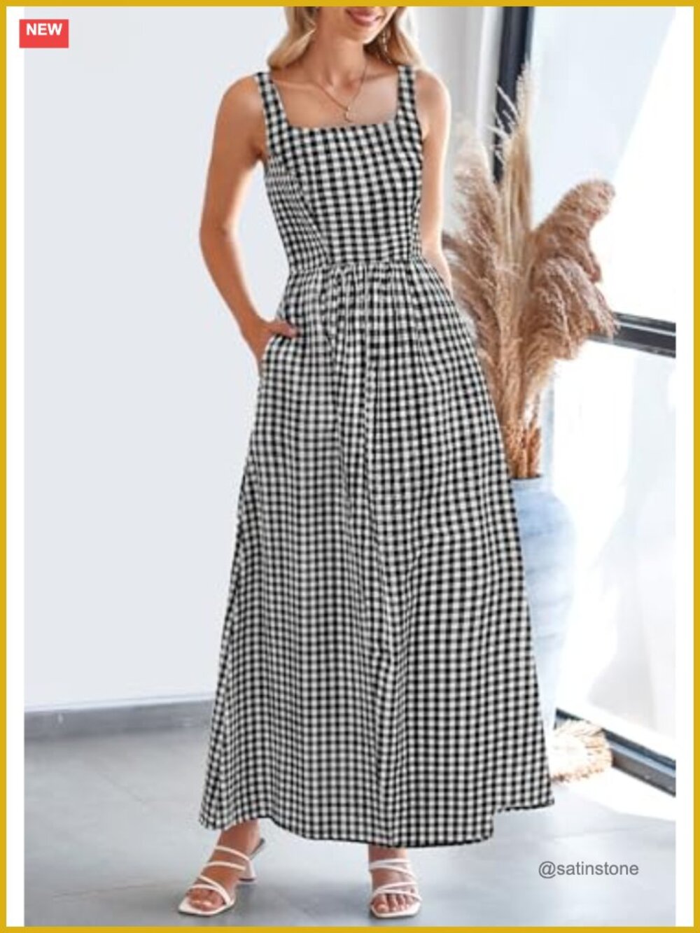 Spaghetti Strap Maxi Dress Plaid Square Neck A Line Beach Vacation Casual - Picture 3 of 6
